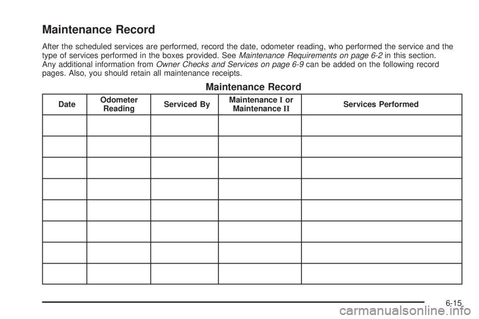 GMC YUKON XL 2005  Owners Manual Maintenance Record
After the scheduled services are performed, record the date, odometer reading, who performed the service and the
type of services performed in the boxes provided. SeeMaintenance Req