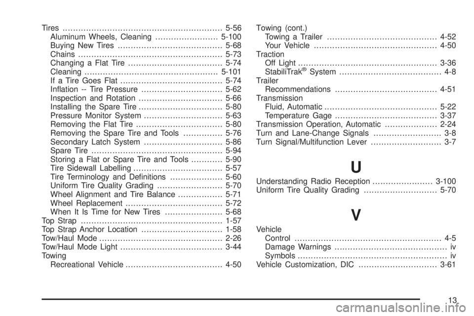 GMC YUKON XL 2005  Owners Manual Tires.............................................................5-56
Aluminum Wheels, Cleaning........................5-100
Buying New Tires........................................5-68
Chains.......