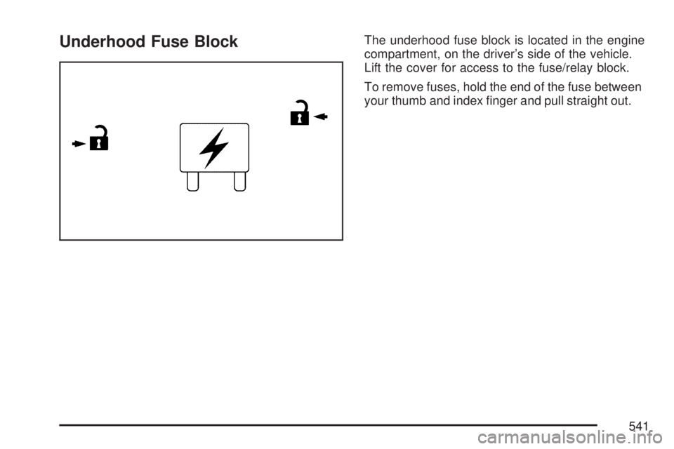 GMC YUKON XL DENALI 2007  Owners Manual Underhood Fuse BlockThe underhood fuse block is located in the engine
compartment, on the driver’s side of the vehicle.
Lift the cover for access to the fuse/relay block.
To remove fuses, hold the e