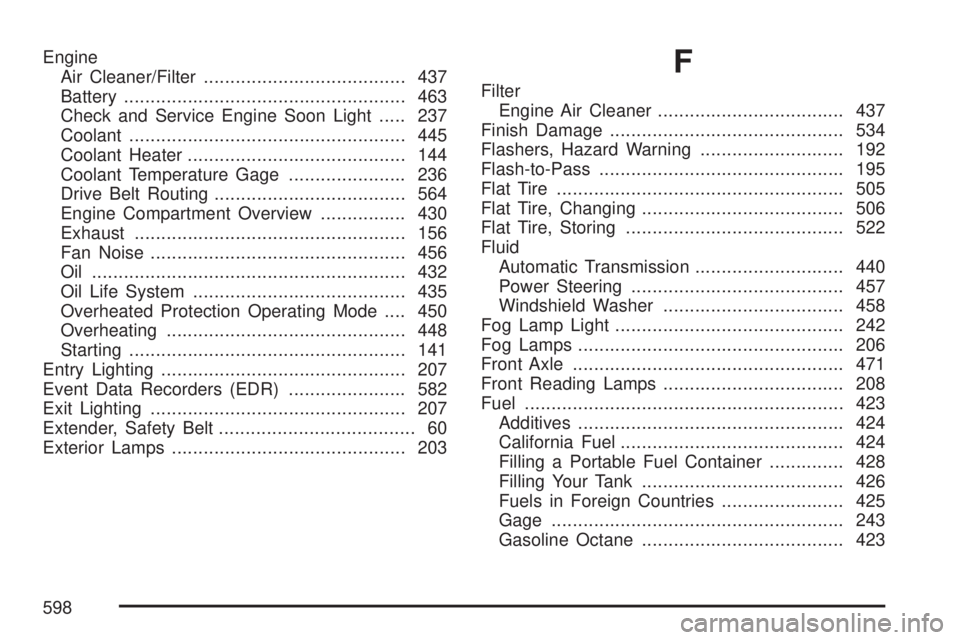 GMC YUKON XL DENALI 2007  Owners Manual Engine
Air Cleaner/Filter...................................... 437
Battery..................................................... 463
Check and Service Engine Soon Light..... 237
Coolant...............