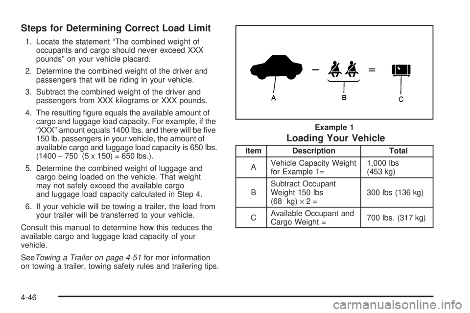 GMC YUKON XL DENALI 2004 Owners Manual Steps for Determining Correct Load Limit
1. Locate the statement ªThe combined weight of
occupants and cargo should never exceed XXX
poundsº on your vehicle placard.
2. Determine the combined weight GMC YUKON XL DENALI 2004 Owners Manual Steps for Determining Correct Load Limit
1. Locate the statement ªThe combined weight of
occupants and cargo should never exceed XXX
poundsº on your vehicle placard.
2. Determine the combined weight