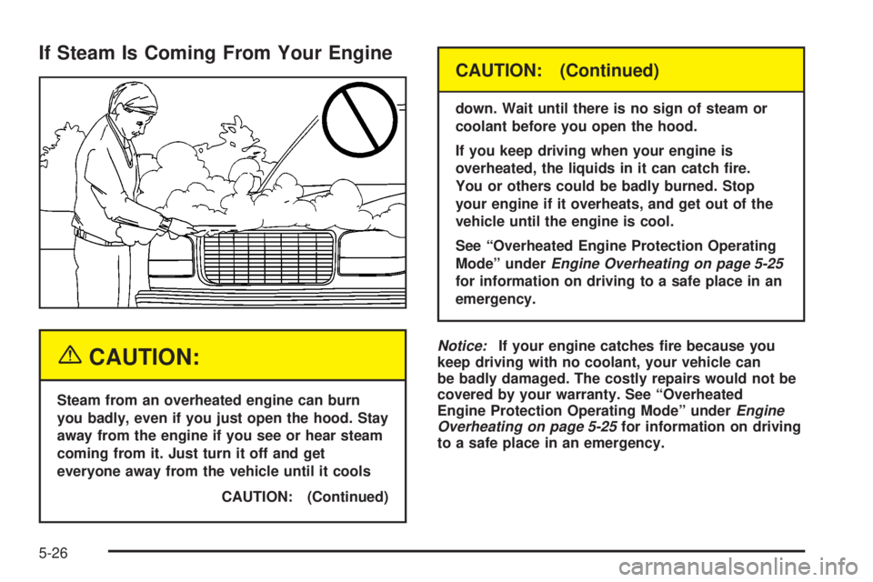 GMC YUKON XL DENALI 2004  Owners Manual If Steam Is Coming From Your Engine
{CAUTION:
Steam from an overheated engine can burn
you badly, even if you just open the hood. Stay
away from the engine if you see or hear steam
coming from it. Jus