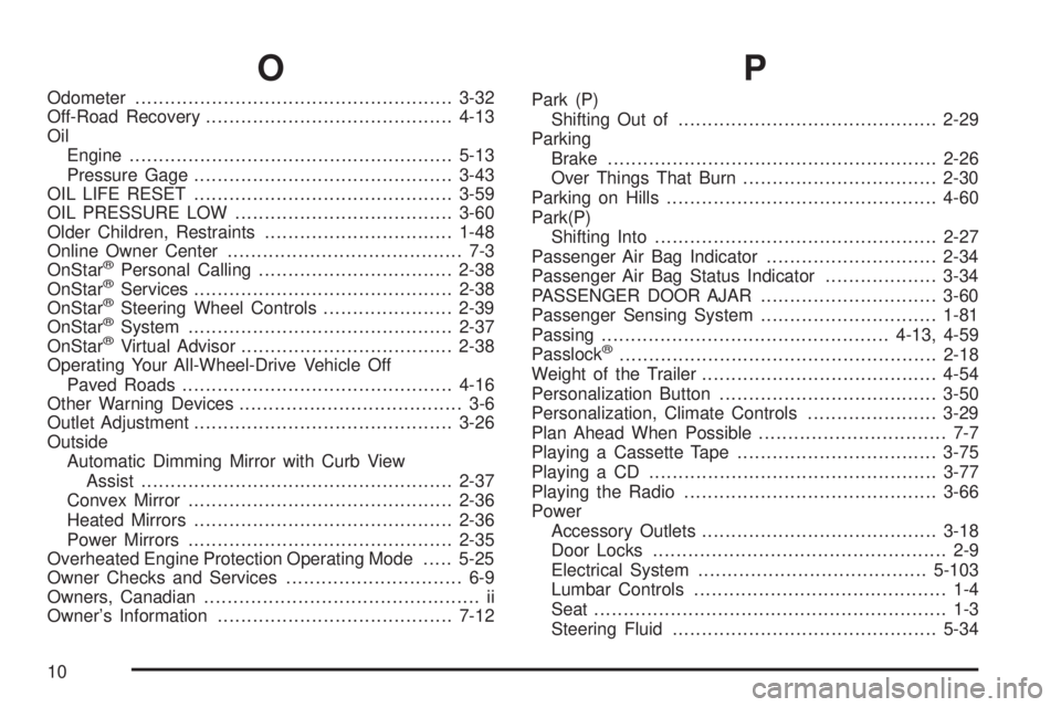 GMC YUKON XL DENALI 2004  Owners Manual O
Odometer......................................................3-32
Off-Road Recovery..........................................4-13
Oil
Engine.......................................................5-