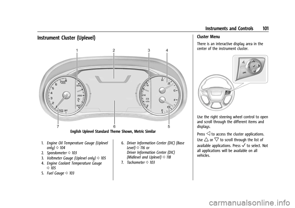 GMC ACADIA 2022 Owners Manual GMC Acadia/Acadia Denali Owner Manual (GMNA-Localizing-U.S./Canada/
Mexico-15170041) - 2022 - CRC - 10/6/21
Instruments and Controls 101
Instrument Cluster (Uplevel)
English Uplevel Standard Theme Sho GMC ACADIA 2022 Owners Manual GMC Acadia/Acadia Denali Owner Manual (GMNA-Localizing-U.S./Canada/
Mexico-15170041) - 2022 - CRC - 10/6/21
Instruments and Controls 101
Instrument Cluster (Uplevel)
English Uplevel Standard Theme Sho