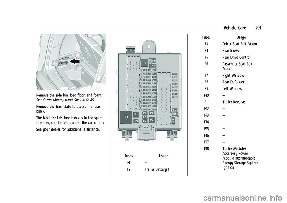 GMC ACADIA 2023 Owners Manual GMC Acadia/Acadia Denali Owner Manual (GMNA-Localizing-U.S./Canada/
Mexico-16402009) - 2023 - CRC - 3/28/22
Vehicle Care 291
Remove the side bin, load floor, and foam.
SeeCargo Management System 085.
GMC ACADIA 2023 Owners Manual GMC Acadia/Acadia Denali Owner Manual (GMNA-Localizing-U.S./Canada/
Mexico-16402009) - 2023 - CRC - 3/28/22
Vehicle Care 291
Remove the side bin, load floor, and foam.
SeeCargo Management System 085.