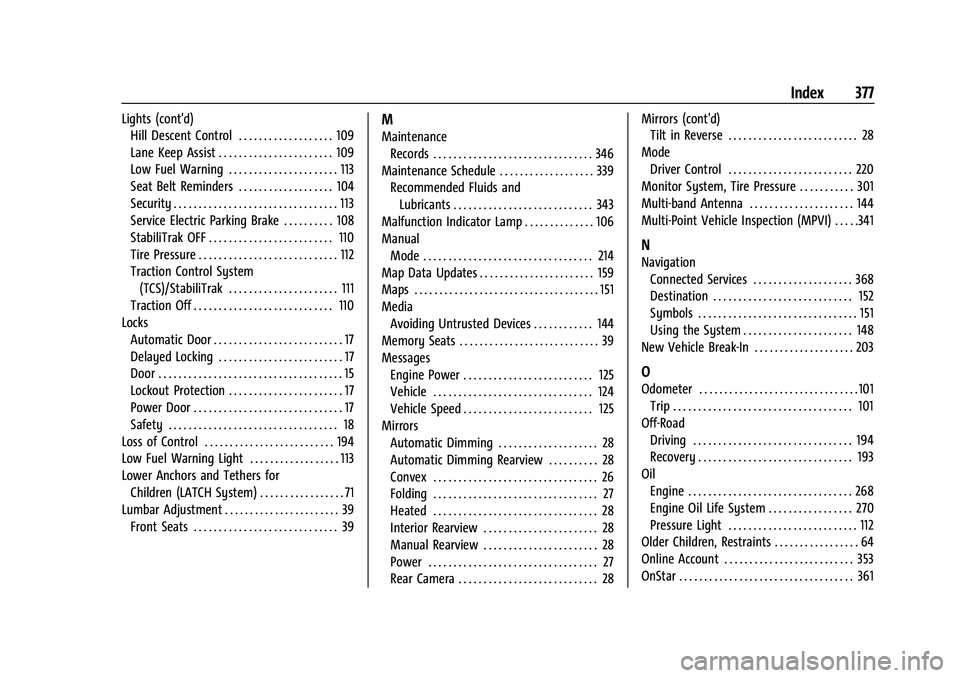 GMC ACADIA 2023 Owners Manual GMC Acadia/Acadia Denali Owner Manual (GMNA-Localizing-U.S./Canada/-
Mexico-16402009) - 2023 - CRC - 3/28/22
Index 377
Lights (cont'd)Hill Descent Control . . . . . . . . . . . . . . . . . . . 109