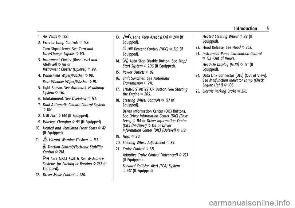 GMC ACADIA 2023 Owners Manual GMC Acadia/Acadia Denali Owner Manual (GMNA-Localizing-U.S./Canada/
Mexico-16402009) - 2023 - CRC - 3/28/22
Introduction 5
1.Air Vents 0188.
2. Exterior Lamp Controls 0128.
Turn Signal Lever. See Turn GMC ACADIA 2023 Owners Manual GMC Acadia/Acadia Denali Owner Manual (GMNA-Localizing-U.S./Canada/
Mexico-16402009) - 2023 - CRC - 3/28/22
Introduction 5
1.Air Vents 0188.
2. Exterior Lamp Controls 0128.
Turn Signal Lever. See Turn