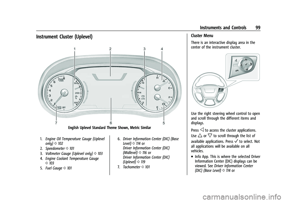 GMC ACADIA 2023 Owners Manual GMC Acadia/Acadia Denali Owner Manual (GMNA-Localizing-U.S./Canada/
Mexico-16402009) - 2023 - CRC - 3/28/22
Instruments and Controls 99
Instrument Cluster (Uplevel)
English Uplevel Standard Theme Show GMC ACADIA 2023 Owners Manual GMC Acadia/Acadia Denali Owner Manual (GMNA-Localizing-U.S./Canada/
Mexico-16402009) - 2023 - CRC - 3/28/22
Instruments and Controls 99
Instrument Cluster (Uplevel)
English Uplevel Standard Theme Show
