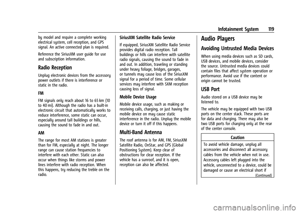 GMC CANYON 2022 Owners Manual GMC Canyon/Canyon Denali Owner Manual (GMNA-Localizing-U.S./Canada-
15275607) - 2022 - CRC - 11/2/21
Infotainment System 119
by model and require a complete working
electrical system, cell reception, GMC CANYON 2022 Owners Manual GMC Canyon/Canyon Denali Owner Manual (GMNA-Localizing-U.S./Canada-
15275607) - 2022 - CRC - 11/2/21
Infotainment System 119
by model and require a complete working
electrical system, cell reception,