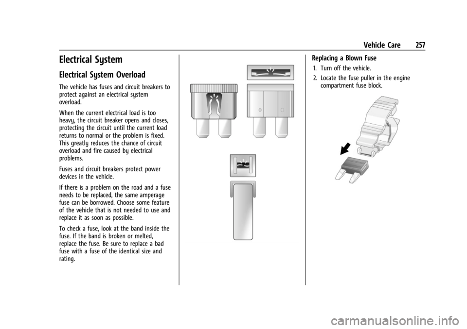 GMC CANYON 2022  Owners Manual GMC Canyon/Canyon Denali Owner Manual (GMNA-Localizing-U.S./Canada-
15275607) - 2022 - CRC - 11/2/21
Vehicle Care 257
Electrical System
Electrical System Overload
The vehicle has fuses and circuit bre