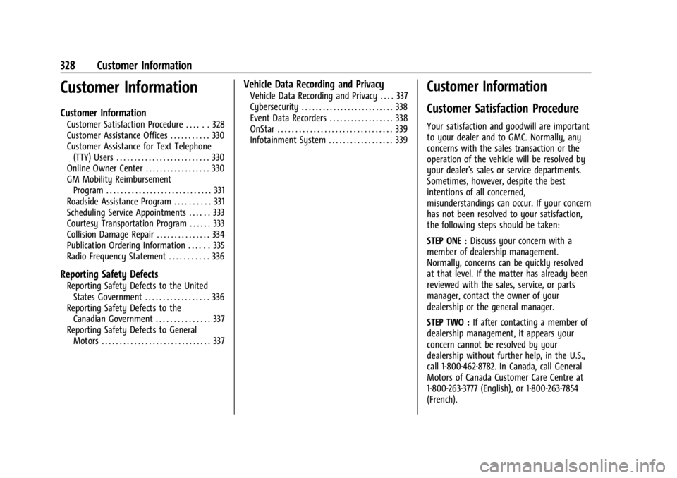 GMC CANYON 2022 Owners Manual GMC Canyon/Canyon Denali Owner Manual (GMNA-Localizing-U.S./Canada-
15275607) - 2022 - CRC - 11/2/21
328 Customer Information
Customer Information
Customer Information
Customer Satisfaction Procedure GMC CANYON 2022 Owners Manual GMC Canyon/Canyon Denali Owner Manual (GMNA-Localizing-U.S./Canada-
15275607) - 2022 - CRC - 11/2/21
328 Customer Information
Customer Information
Customer Information
Customer Satisfaction Procedure