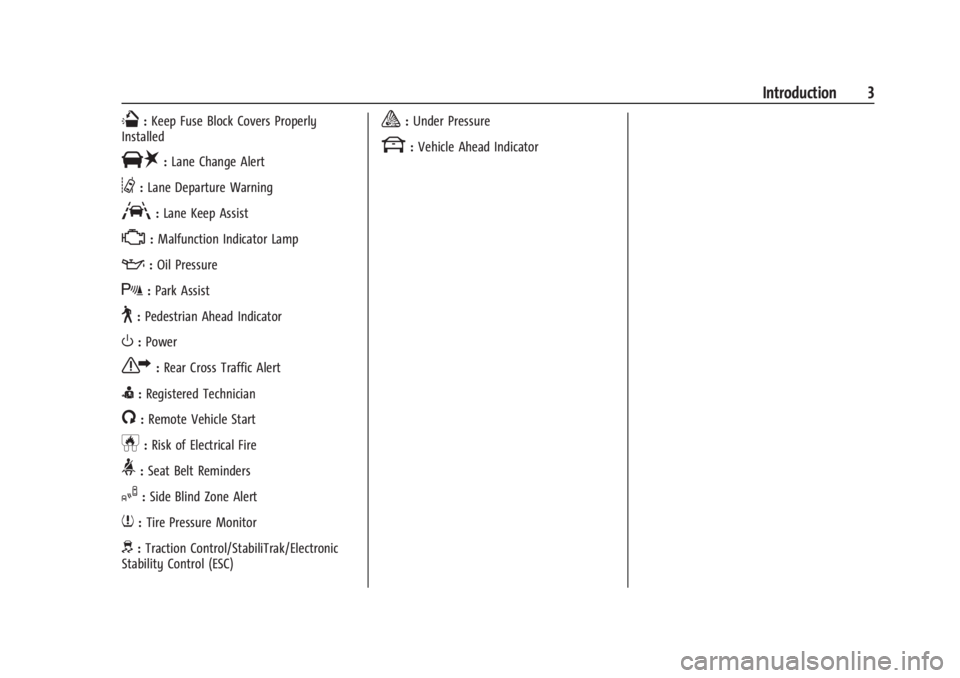 GMC CANYON 2022  Owners Manual GMC Canyon/Canyon Denali Owner Manual (GMNA-Localizing-U.S./Canada-
15275607) - 2022 - CRC - 11/2/21
Introduction 3
Q:Keep Fuse Block Covers Properly
Installed
|: Lane Change Alert
@:Lane Departure Wa