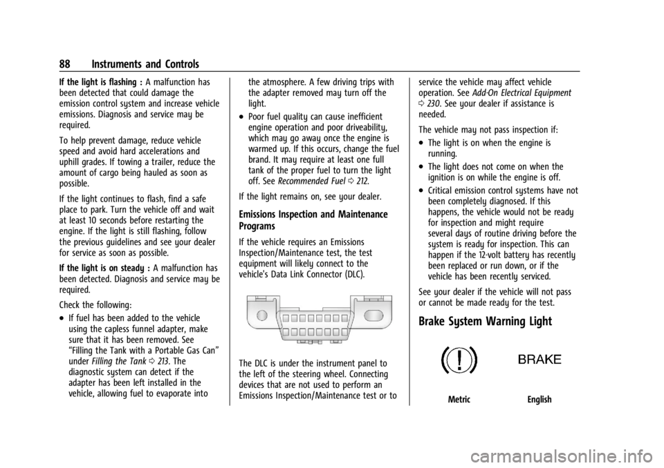 GMC CANYON 2022  Owners Manual GMC Canyon/Canyon Denali Owner Manual (GMNA-Localizing-U.S./Canada-
15275607) - 2022 - CRC - 11/2/21
88 Instruments and Controls
If the light is flashing :A malfunction has
been detected that could da