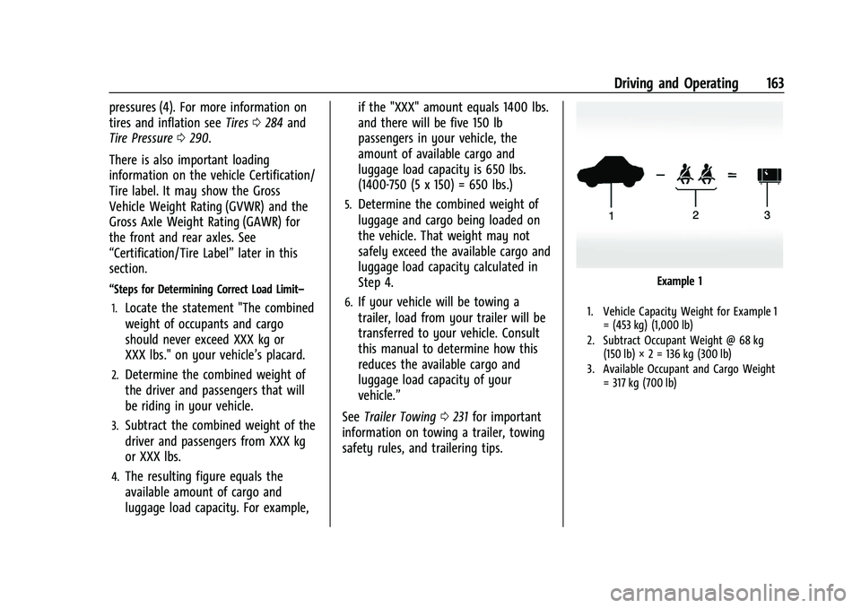 GMC CANYON 2023  Owners Manual GMC Canyon/Canyon Denali Owner Manual (GMNA-Localizing-U.S./Canada/
Mexico-16510661) - 2023 - CRC - 11/29/22
Driving and Operating 163
pressures (4). For more information on
tires and inflation seeTir