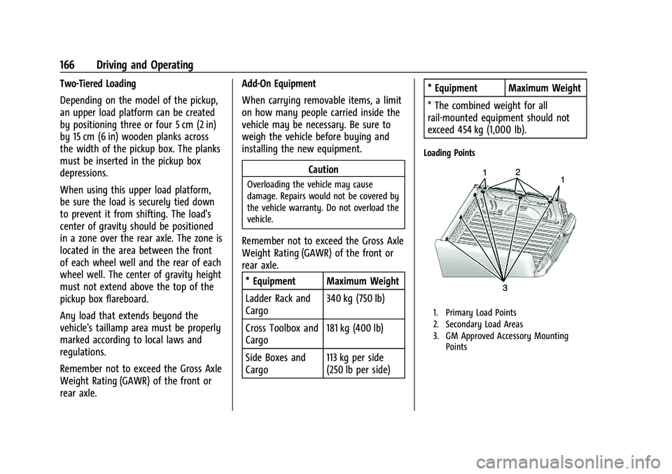GMC CANYON 2023  Owners Manual GMC Canyon/Canyon Denali Owner Manual (GMNA-Localizing-U.S./Canada/
Mexico-16510661) - 2023 - CRC - 11/29/22
166 Driving and Operating
Two-Tiered Loading
Depending on the model of the pickup,
an upper