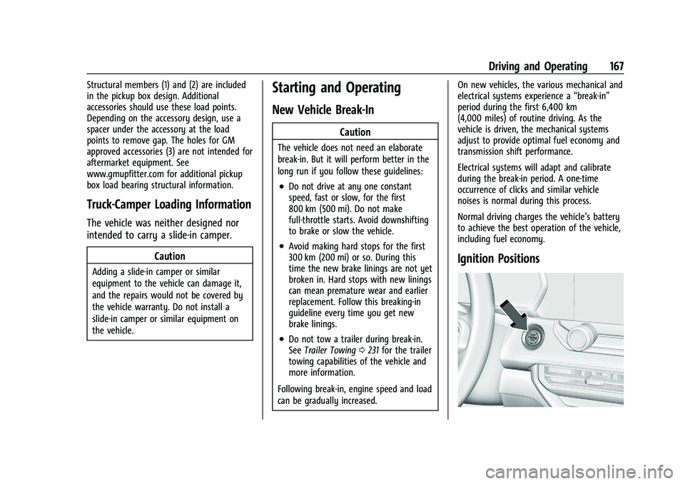 GMC CANYON 2023  Owners Manual GMC Canyon/Canyon Denali Owner Manual (GMNA-Localizing-U.S./Canada/
Mexico-16510661) - 2023 - CRC - 11/29/22
Driving and Operating 167
Structural members (1) and (2) are included
in the pickup box des