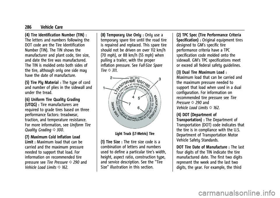 GMC CANYON 2023  Owners Manual GMC Canyon/Canyon Denali Owner Manual (GMNA-Localizing-U.S./Canada/
Mexico-16510661) - 2023 - CRC - 11/29/22
286 Vehicle Care
(4) Tire Identification Number (TIN):
The letters and numbers following th