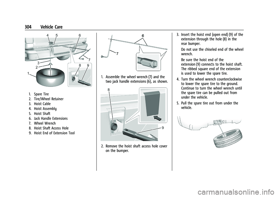GMC CANYON 2023 Owners Manual GMC Canyon/Canyon Denali Owner Manual (GMNA-Localizing-U.S./Canada/
Mexico-16510661) - 2023 - CRC - 11/29/22
304 Vehicle Care
1. Spare Tire
2. Tire/Wheel Retainer
3. Hoist Cable
4. Hoist Assembly
5. H GMC CANYON 2023 Owners Manual GMC Canyon/Canyon Denali Owner Manual (GMNA-Localizing-U.S./Canada/
Mexico-16510661) - 2023 - CRC - 11/29/22
304 Vehicle Care
1. Spare Tire
2. Tire/Wheel Retainer
3. Hoist Cable
4. Hoist Assembly
5. H
