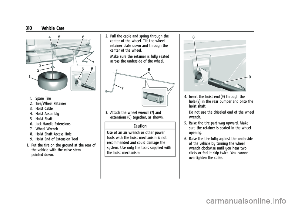 GMC CANYON 2023  Owners Manual GMC Canyon/Canyon Denali Owner Manual (GMNA-Localizing-U.S./Canada/
Mexico-16510661) - 2023 - CRC - 11/29/22
310 Vehicle Care
1. Spare Tire
2. Tire/Wheel Retainer
3. Hoist Cable
4. Hoist Assembly
5. H