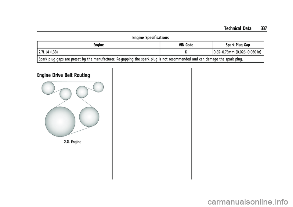 GMC CANYON 2023  Owners Manual GMC Canyon/Canyon Denali Owner Manual (GMNA-Localizing-U.S./Canada/
Mexico-16510661) - 2023 - CRC - 11/29/22
Technical Data 337
Engine Specifications
EngineVIN CodeSpark Plug Gap
2.7L L4 (L3B) K0.65