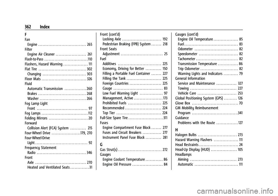 GMC CANYON 2023  Owners Manual GMC Canyon/Canyon Denali Owner Manual (GMNA-Localizing-U.S./Cana-
da/Mexico-16510661) - 2023 - CRC - 11/29/22
362 Index
F
FanEngine . . . . . . . . . . . . . . . . . . . . . . . . . . . . . . . . . 26