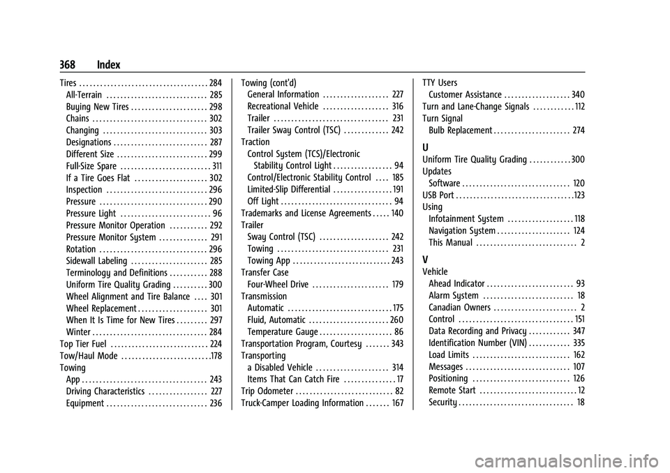 GMC CANYON 2023 Owners Manual GMC Canyon/Canyon Denali Owner Manual (GMNA-Localizing-U.S./Cana-
da/Mexico-16510661) - 2023 - CRC - 11/29/22
368 Index
Tires . . . . . . . . . . . . . . . . . . . . . . . . . . . . . . . . . . . . . GMC CANYON 2023 Owners Manual GMC Canyon/Canyon Denali Owner Manual (GMNA-Localizing-U.S./Cana-
da/Mexico-16510661) - 2023 - CRC - 11/29/22
368 Index
Tires . . . . . . . . . . . . . . . . . . . . . . . . . . . . . . . . . . . . .