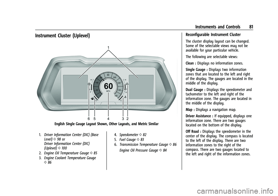 GMC CANYON 2023  Owners Manual GMC Canyon/Canyon Denali Owner Manual (GMNA-Localizing-U.S./Canada/
Mexico-16510661) - 2023 - CRC - 11/30/22
Instruments and Controls 81
Instrument Cluster (Uplevel)
English Single Gauge Layout Shown,