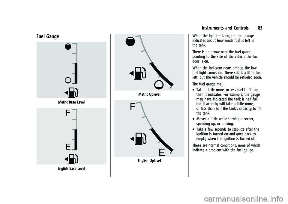 GMC CANYON 2023 Manual Online GMC Canyon/Canyon Denali Owner Manual (GMNA-Localizing-U.S./Canada/
Mexico-16510661) - 2023 - CRC - 11/30/22
Instruments and Controls 83
Fuel Gauge
Metric Base Level
English Base Level
Metric Uplevel
GMC CANYON 2023 Manual Online GMC Canyon/Canyon Denali Owner Manual (GMNA-Localizing-U.S./Canada/
Mexico-16510661) - 2023 - CRC - 11/30/22
Instruments and Controls 83
Fuel Gauge
Metric Base Level
English Base Level
Metric Uplevel