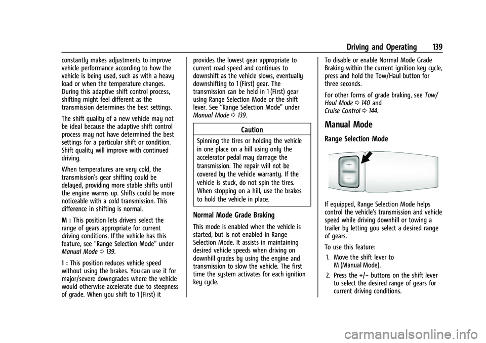 GMC SAVANA 2022 Owners Manual GMC Savana Owner Manual (GMNA-Localizing-U.S./Canada-15555961) -
2022 - CRC - 4/14/22
Driving and Operating 139
constantly makes adjustments to improve
vehicle performance according to how the
vehicle GMC SAVANA 2022 Owners Manual GMC Savana Owner Manual (GMNA-Localizing-U.S./Canada-15555961) -
2022 - CRC - 4/14/22
Driving and Operating 139
constantly makes adjustments to improve
vehicle performance according to how the
vehicle
