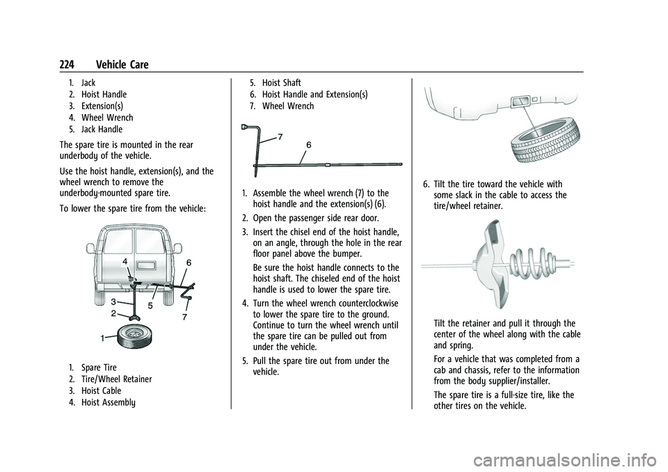 GMC SAVANA 2022 Owners Manual GMC Savana Owner Manual (GMNA-Localizing-U.S./Canada-15555961) -
2022 - CRC - 4/14/22
224 Vehicle Care
1. Jack
2. Hoist Handle
3. Extension(s)
4. Wheel Wrench
5. Jack Handle
The spare tire is mounted GMC SAVANA 2022 Owners Manual GMC Savana Owner Manual (GMNA-Localizing-U.S./Canada-15555961) -
2022 - CRC - 4/14/22
224 Vehicle Care
1. Jack
2. Hoist Handle
3. Extension(s)
4. Wheel Wrench
5. Jack Handle
The spare tire is mounted
