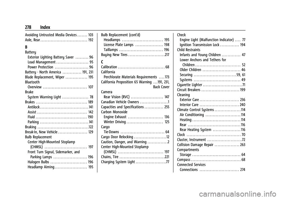 GMC SAVANA 2022 Owners Manual GMC Savana Owner Manual (GMNA-Localizing-U.S./Canada-15555961) -
2022 - CRC - 4/14/22
278 Index
Avoiding Untrusted Media Devices . . . . . . . 103
Axle, Rear . . . . . . . . . . . . . . . . . . . . . GMC SAVANA 2022 Owners Manual GMC Savana Owner Manual (GMNA-Localizing-U.S./Canada-15555961) -
2022 - CRC - 4/14/22
278 Index
Avoiding Untrusted Media Devices . . . . . . . 103
Axle, Rear . . . . . . . . . . . . . . . . . . . . .