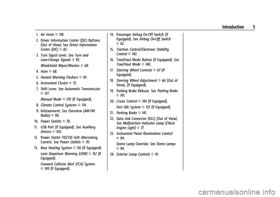 GMC SAVANA 2022 Owners Manual GMC Savana Owner Manual (GMNA-Localizing-U.S./Canada-15555961) -
2022 - CRC - 4/14/22
Introduction 5
1.Air Vents 0118.
2. Driver Information Center (DIC) Buttons (Out of View). See Driver Information
GMC SAVANA 2022 Owners Manual GMC Savana Owner Manual (GMNA-Localizing-U.S./Canada-15555961) -
2022 - CRC - 4/14/22
Introduction 5
1.Air Vents 0118.
2. Driver Information Center (DIC) Buttons (Out of View). See Driver Information
