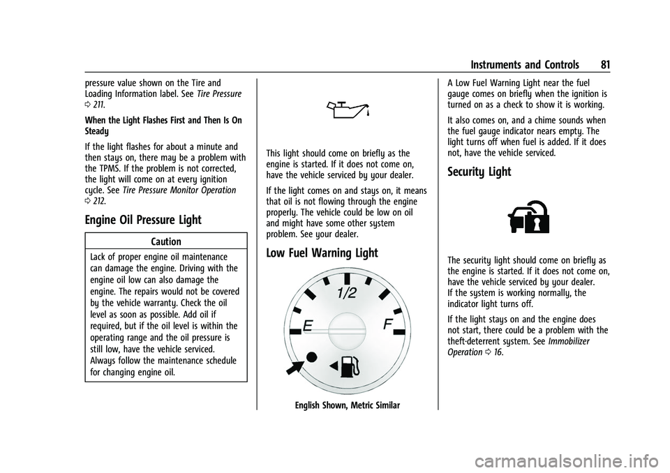 GMC SAVANA 2022  Owners Manual GMC Savana Owner Manual (GMNA-Localizing-U.S./Canada-15555961) -
2022 - CRC - 4/14/22
Instruments and Controls 81
pressure value shown on the Tire and
Loading Information label. SeeTire Pressure
0 211