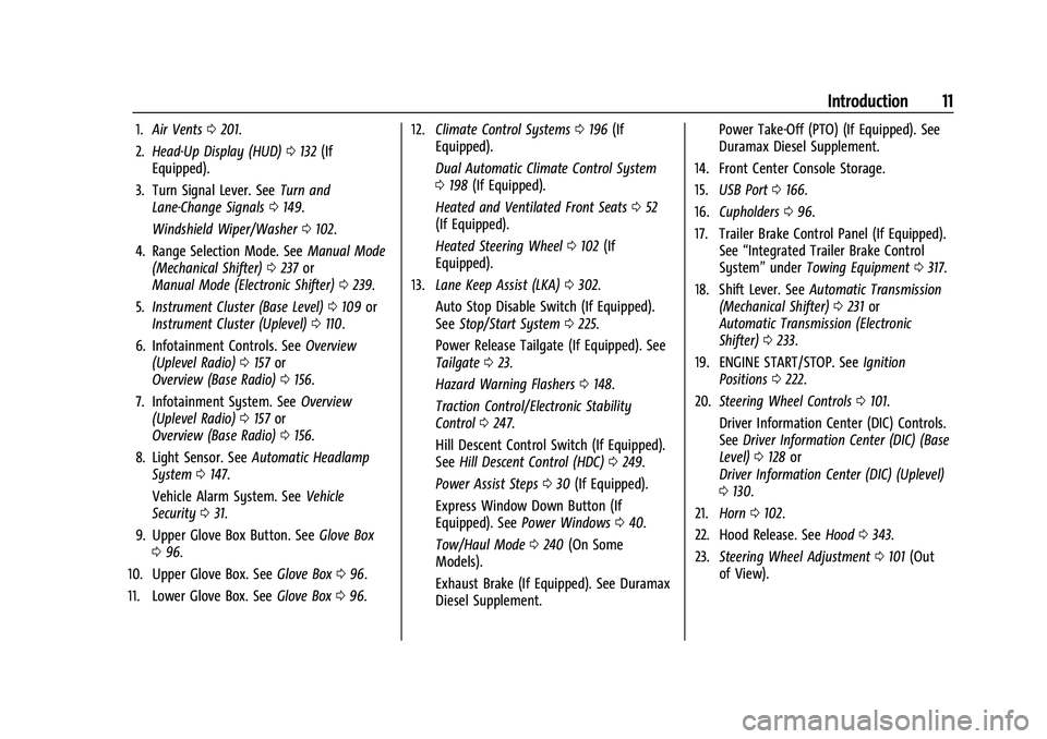 GMC SIERRA 2022  Owners Manual GMC Sierra/Sierra Denali 1500 Owner Manual (GMNA-Localizing-U.S./
Canada/Mexico-15883563) - 2022 - CRC - 11/19/21
Introduction 11
1.Air Vents 0201.
2. Head-Up Display (HUD) 0132 (If
Equipped).
3. Turn