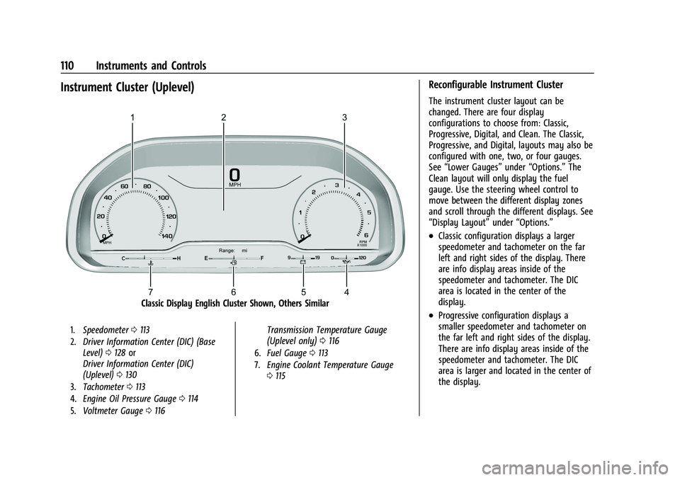 GMC SIERRA 2022  Owners Manual GMC Sierra/Sierra Denali 1500 Owner Manual (GMNA-Localizing-U.S./
Canada/Mexico-15883563) - 2022 - CRC - 11/19/21
110 Instruments and Controls
Instrument Cluster (Uplevel)
Classic Display English Clus