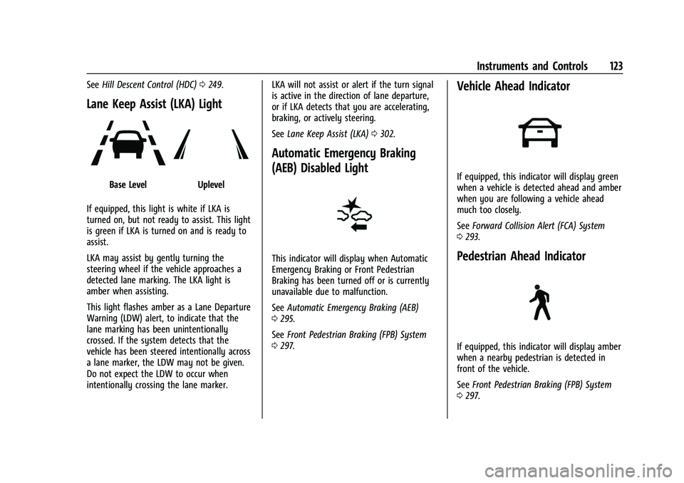 GMC SIERRA 2022 Owners Manual GMC Sierra/Sierra Denali 1500 Owner Manual (GMNA-Localizing-U.S./
Canada/Mexico-15883563) - 2022 - CRC - 11/19/21
Instruments and Controls 123
SeeHill Descent Control (HDC) 0249.
Lane Keep Assist (LKA GMC SIERRA 2022 Owners Manual GMC Sierra/Sierra Denali 1500 Owner Manual (GMNA-Localizing-U.S./
Canada/Mexico-15883563) - 2022 - CRC - 11/19/21
Instruments and Controls 123
SeeHill Descent Control (HDC) 0249.
Lane Keep Assist (LKA