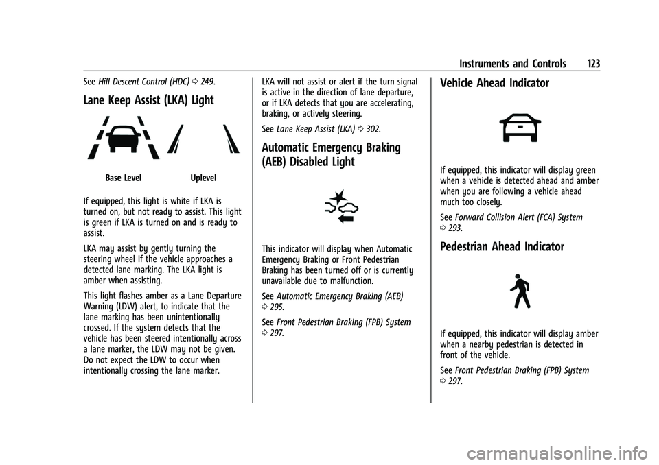 GMC SIERRA 2022  Owners Manual GMC Sierra/Sierra Denali 1500 Owner Manual (GMNA-Localizing-U.S./
Canada/Mexico-15883563) - 2022 - CRC - 11/19/21
Instruments and Controls 123
SeeHill Descent Control (HDC) 0249.
Lane Keep Assist (LKA