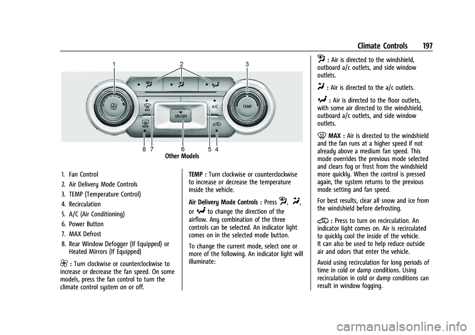 GMC SIERRA 2022 Owners Manual GMC Sierra/Sierra Denali 1500 Owner Manual (GMNA-Localizing-U.S./
Canada/Mexico-15883563) - 2022 - CRC - 11/19/21
Climate Controls 197
Other Models
1. Fan Control
2. Air Delivery Mode Controls
3. TEMP GMC SIERRA 2022 Owners Manual GMC Sierra/Sierra Denali 1500 Owner Manual (GMNA-Localizing-U.S./
Canada/Mexico-15883563) - 2022 - CRC - 11/19/21
Climate Controls 197
Other Models
1. Fan Control
2. Air Delivery Mode Controls
3. TEMP