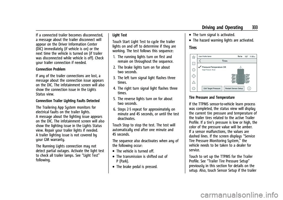 GMC SIERRA 2022 Owners Manual GMC Sierra/Sierra Denali 1500 Owner Manual (GMNA-Localizing-U.S./
Canada/Mexico-15883563) - 2022 - CRC - 11/19/21
Driving and Operating 333
If a connected trailer becomes disconnected,
a message about GMC SIERRA 2022 Owners Manual GMC Sierra/Sierra Denali 1500 Owner Manual (GMNA-Localizing-U.S./
Canada/Mexico-15883563) - 2022 - CRC - 11/19/21
Driving and Operating 333
If a connected trailer becomes disconnected,
a message about