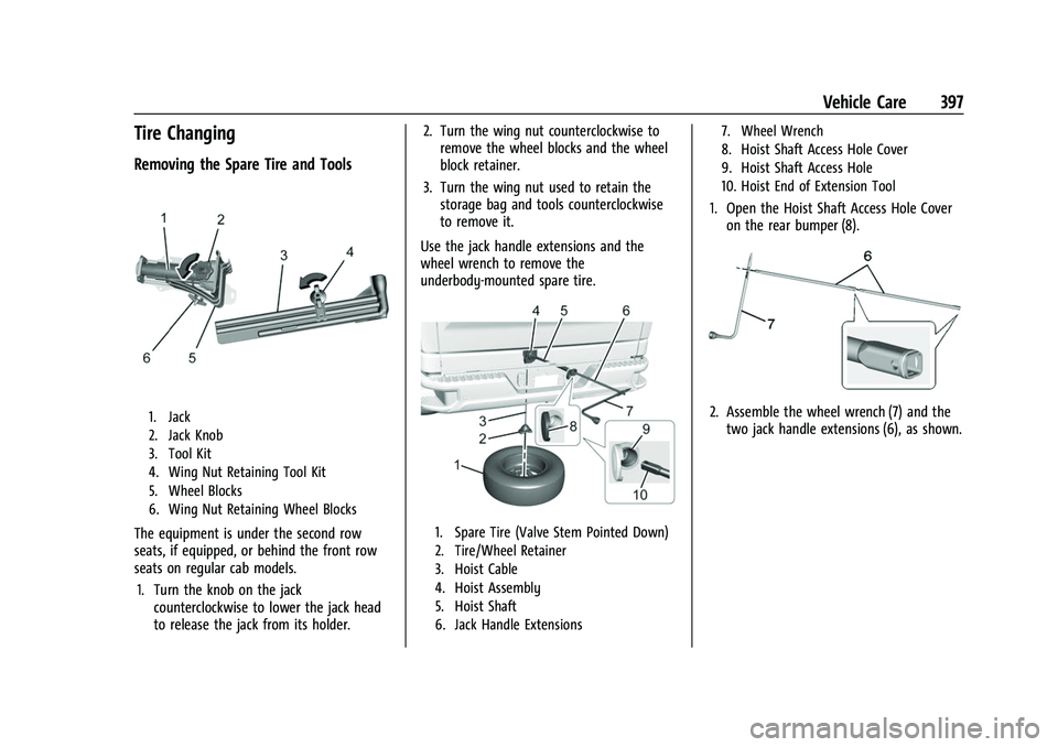 GMC SIERRA 2022  Owners Manual GMC Sierra/Sierra Denali 1500 Owner Manual (GMNA-Localizing-U.S./
Canada/Mexico-15883563) - 2022 - CRC - 11/19/21
Vehicle Care 397
Tire Changing
Removing the Spare Tire and Tools
1. Jack
2. Jack Knob
