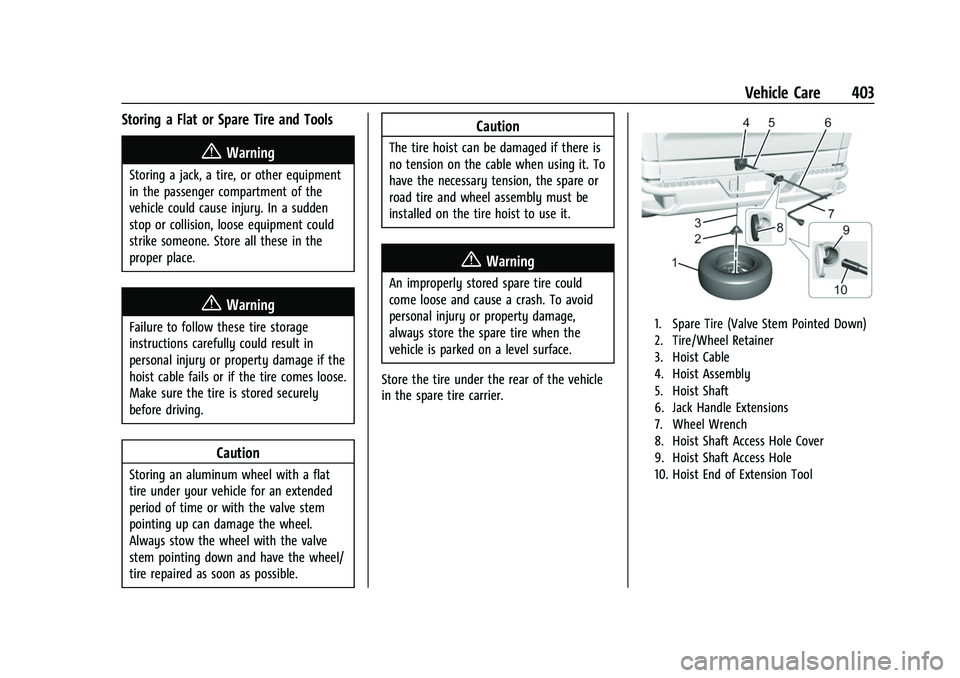 GMC SIERRA 2022 Owners Manual GMC Sierra/Sierra Denali 1500 Owner Manual (GMNA-Localizing-U.S./
Canada/Mexico-15883563) - 2022 - CRC - 11/19/21
Vehicle Care 403
Storing a Flat or Spare Tire and Tools
{Warning
Storing a jack, a tir GMC SIERRA 2022 Owners Manual GMC Sierra/Sierra Denali 1500 Owner Manual (GMNA-Localizing-U.S./
Canada/Mexico-15883563) - 2022 - CRC - 11/19/21
Vehicle Care 403
Storing a Flat or Spare Tire and Tools
{Warning
Storing a jack, a tir