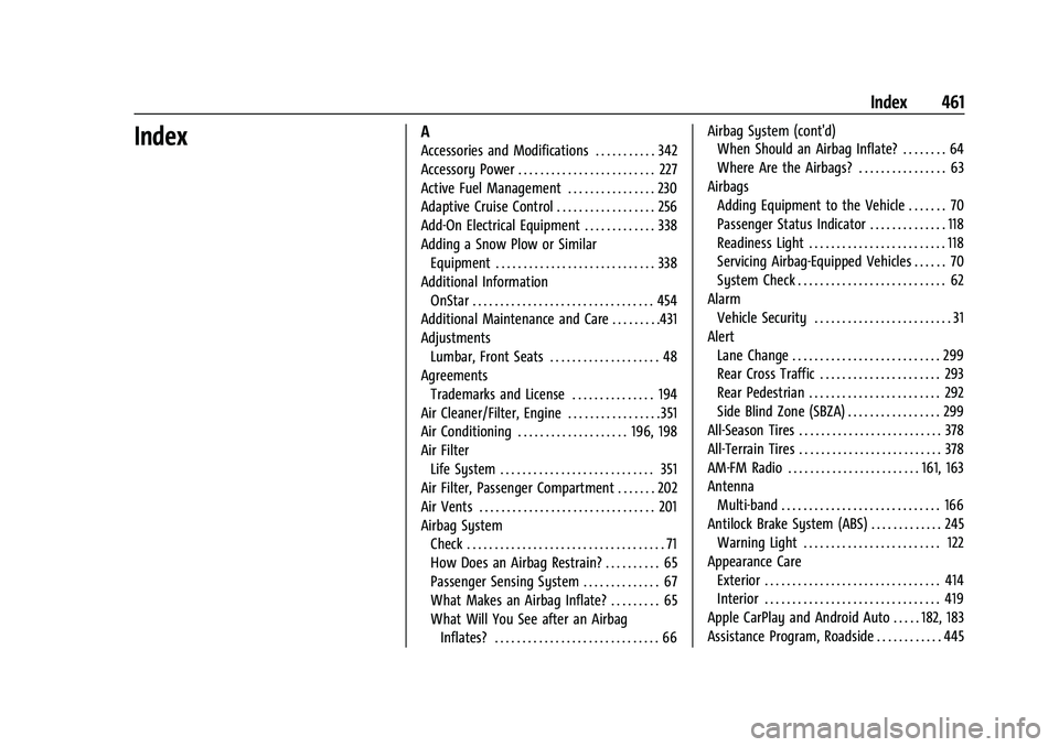 GMC SIERRA 2022 User Guide GMC Sierra/Sierra Denali 1500 Owner Manual (GMNA-Localizing-U.S./Cana-
da/Mexico-15883563) - 2022 - CRC - 11/19/21
Index 461
IndexA
Accessories and Modifications . . . . . . . . . . . 342
Accessory Po