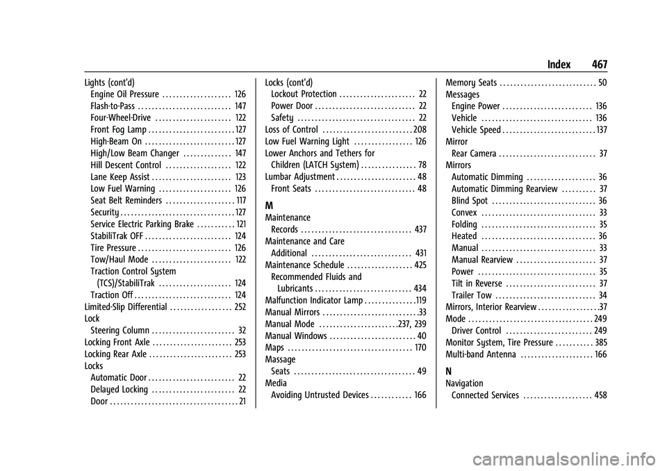 GMC SIERRA 2022 Owners Manual GMC Sierra/Sierra Denali 1500 Owner Manual (GMNA-Localizing-U.S./Cana-
da/Mexico-15883563) - 2022 - CRC - 11/19/21
Index 467
Lights (cont'd)Engine Oil Pressure . . . . . . . . . . . . . . . . . . GMC SIERRA 2022 Owners Manual GMC Sierra/Sierra Denali 1500 Owner Manual (GMNA-Localizing-U.S./Cana-
da/Mexico-15883563) - 2022 - CRC - 11/19/21
Index 467
Lights (cont'd)Engine Oil Pressure . . . . . . . . . . . . . . . . . .