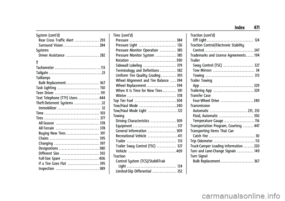 GMC SIERRA 2022  Owners Manual GMC Sierra/Sierra Denali 1500 Owner Manual (GMNA-Localizing-U.S./Cana-
da/Mexico-15883563) - 2022 - CRC - 11/19/21
Index 471
System (cont'd)Rear Cross Traffic Alert . . . . . . . . . . . . . . . .