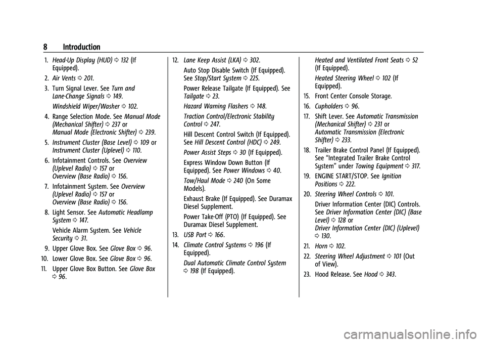 GMC SIERRA 2022  Owners Manual GMC Sierra/Sierra Denali 1500 Owner Manual (GMNA-Localizing-U.S./
Canada/Mexico-15883563) - 2022 - CRC - 11/19/21
8 Introduction
1.Head-Up Display (HUD) 0132 (If
Equipped).
2. Air Vents 0201.
3. Turn 