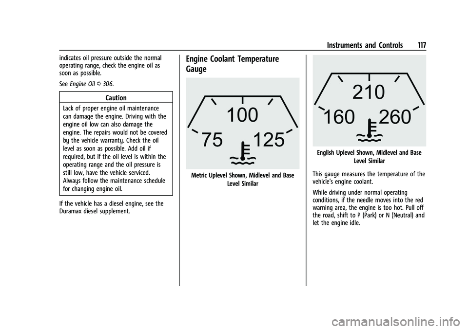 GMC SIERRA 2023  Owners Manual GMC Sierra/Sierra Denali 2500 HD/3500 HD Owner Manual (GMNA-
Localizing-U.S./Canada-16504257) - 2023 - CRC - 5/9/22
Instruments and Controls 117
indicates oil pressure outside the normal
operating ran