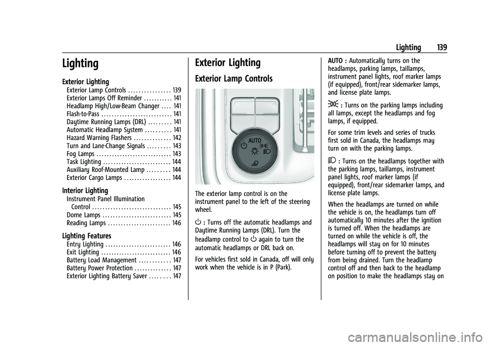 GMC SIERRA 2023  Owners Manual GMC Sierra/Sierra Denali 2500 HD/3500 HD Owner Manual (GMNA-
Localizing-U.S./Canada-16504257) - 2023 - CRC - 5/9/22
Lighting 139
Lighting
Exterior Lighting
Exterior Lamp Controls . . . . . . . . . . .