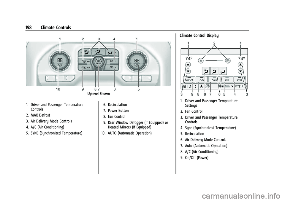 GMC SIERRA 2023 Owners Manual GMC Sierra/Sierra Denali 2500 HD/3500 HD Owner Manual (GMNA-
Localizing-U.S./Canada-16504257) - 2023 - CRC - 5/9/22
198 Climate Controls
Uplevel Shown
1. Driver and Passenger Temperature Controls
2. M GMC SIERRA 2023 Owners Manual GMC Sierra/Sierra Denali 2500 HD/3500 HD Owner Manual (GMNA-
Localizing-U.S./Canada-16504257) - 2023 - CRC - 5/9/22
198 Climate Controls
Uplevel Shown
1. Driver and Passenger Temperature Controls
2. M