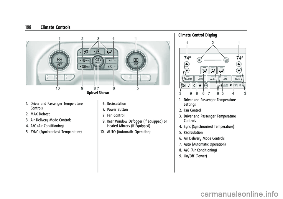 GMC SIERRA 2023  Owners Manual GMC Sierra/Sierra Denali 2500 HD/3500 HD Owner Manual (GMNA-
Localizing-U.S./Canada-16504257) - 2023 - CRC - 5/9/22
198 Climate Controls
Uplevel Shown
1. Driver and Passenger Temperature Controls
2. M