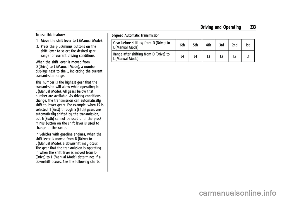 GMC SIERRA 2023 Owners Manual GMC Sierra/Sierra Denali 2500 HD/3500 HD Owner Manual (GMNA-
Localizing-U.S./Canada-16504257) - 2023 - CRC - 5/9/22
Driving and Operating 233
To use this feature:1. Move the shift lever to L (Manual M GMC SIERRA 2023 Owners Manual GMC Sierra/Sierra Denali 2500 HD/3500 HD Owner Manual (GMNA-
Localizing-U.S./Canada-16504257) - 2023 - CRC - 5/9/22
Driving and Operating 233
To use this feature:1. Move the shift lever to L (Manual M